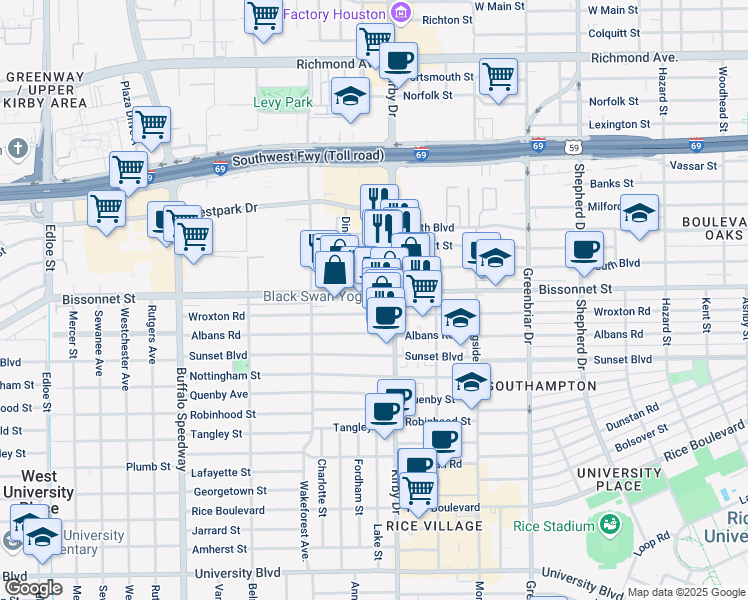map of restaurants, bars, coffee shops, grocery stores, and more near 2617 Bissonnet Street in Houston