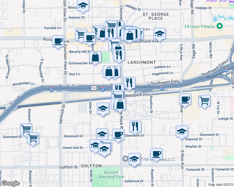 map of restaurants, bars, coffee shops, grocery stores, and more near 5555 Southwest Freeway in Houston