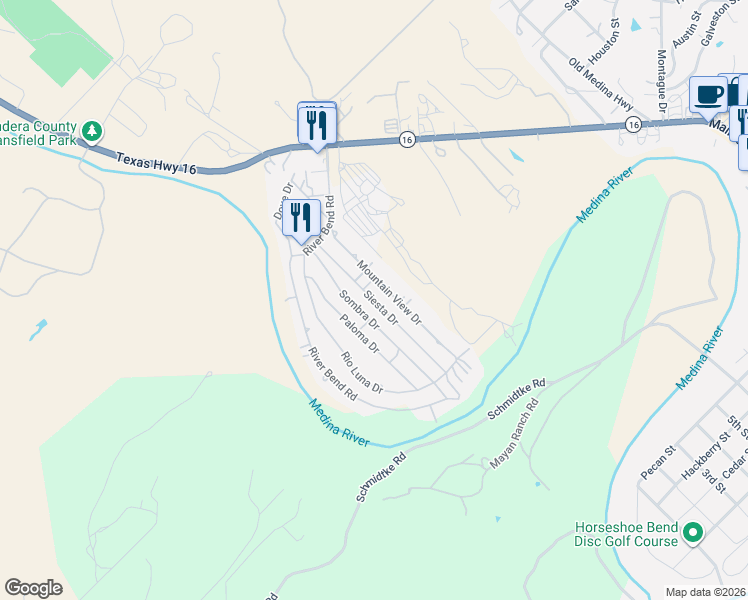 map of restaurants, bars, coffee shops, grocery stores, and more near 435 Siesta Drive in Bandera