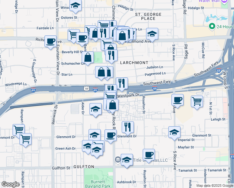 map of restaurants, bars, coffee shops, grocery stores, and more near 5555 Southwest Freeway in Houston