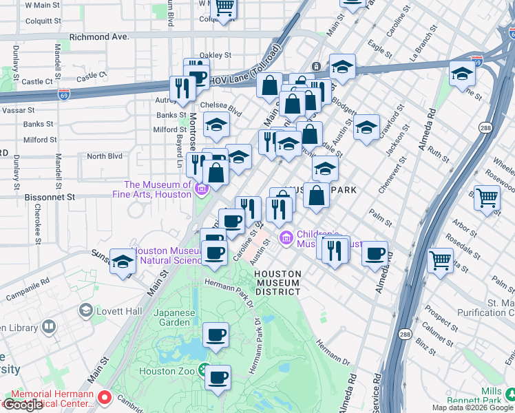 map of restaurants, bars, coffee shops, grocery stores, and more near 5300 Caroline Street in Houston
