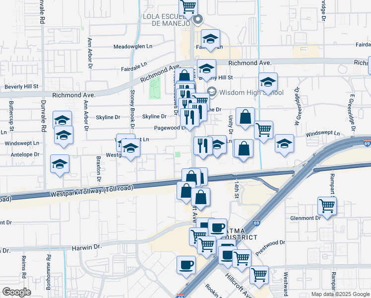 map of restaurants, bars, coffee shops, grocery stores, and more near 3838 Hillcroft Street in Houston