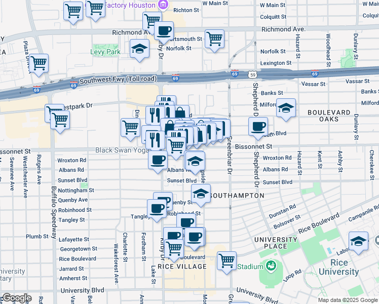 map of restaurants, bars, coffee shops, grocery stores, and more near 2438 Bissonnet Street in Houston
