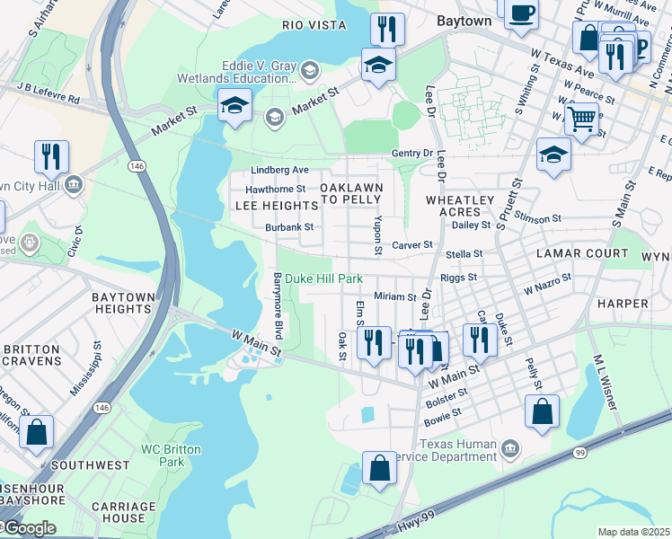 map of restaurants, bars, coffee shops, grocery stores, and more near 1312 Riggs Street in Baytown
