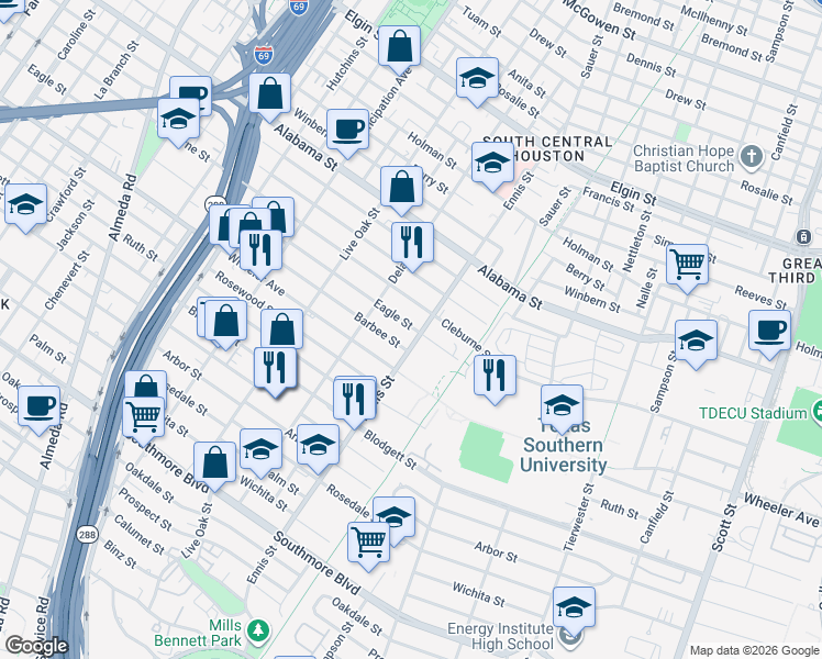 map of restaurants, bars, coffee shops, grocery stores, and more near 2914 Eagle Street in Houston