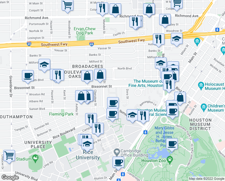 map of restaurants, bars, coffee shops, grocery stores, and more near in Houston