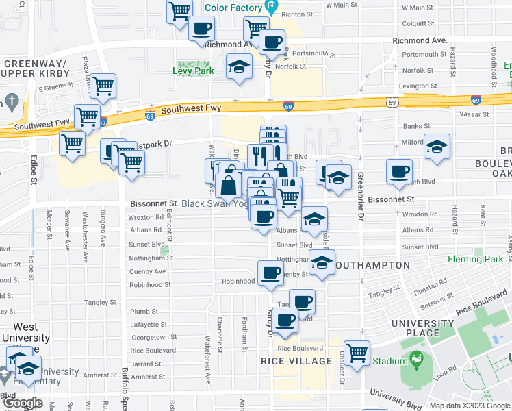 map of restaurants, bars, coffee shops, grocery stores, and more near 2617 Bissonnet Street in Houston