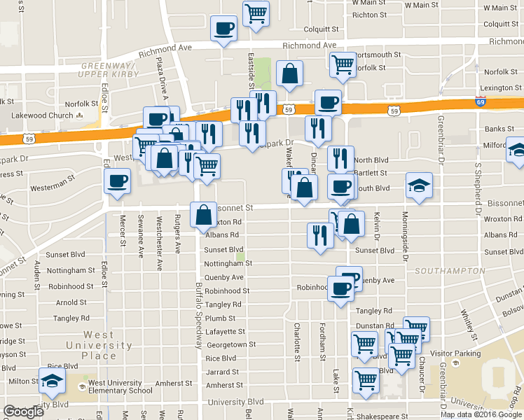 map of restaurants, bars, coffee shops, grocery stores, and more near 2800-3000 Bissonnet Street in Houston