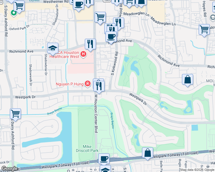 map of restaurants, bars, coffee shops, grocery stores, and more near 3210 Rosemary Park Lane in Houston