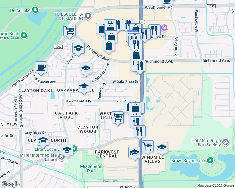 map of restaurants, bars, coffee shops, grocery stores, and more near 14708 Branchwest Drive in Houston