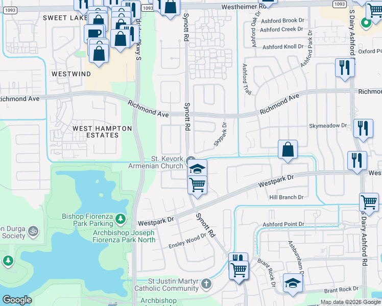 map of restaurants, bars, coffee shops, grocery stores, and more near 3142 Hollow Creek Drive in Houston