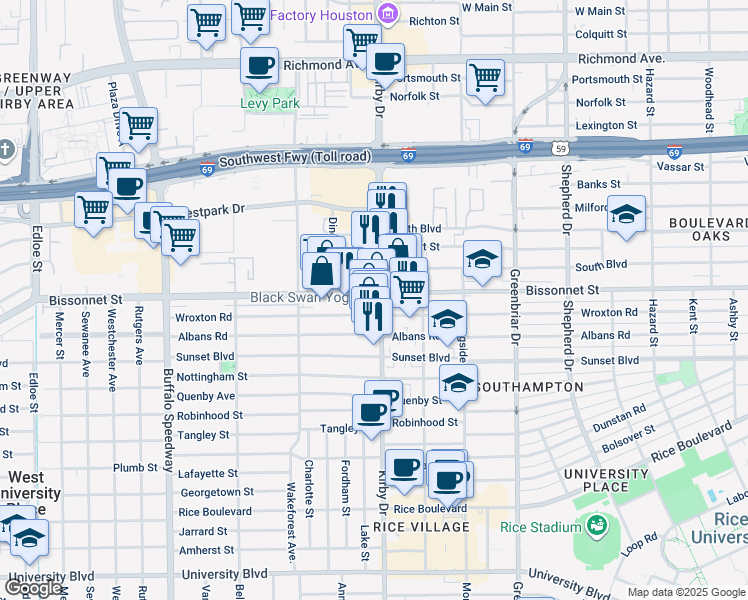 map of restaurants, bars, coffee shops, grocery stores, and more near 2617 Bissonnet Street in Houston