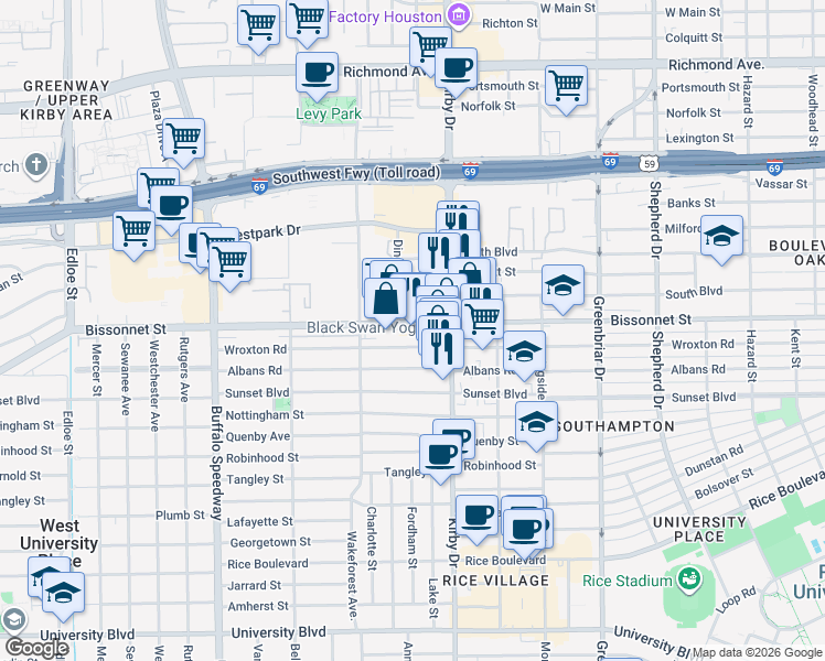 map of restaurants, bars, coffee shops, grocery stores, and more near 2635 Bissonnet Street in West University Place