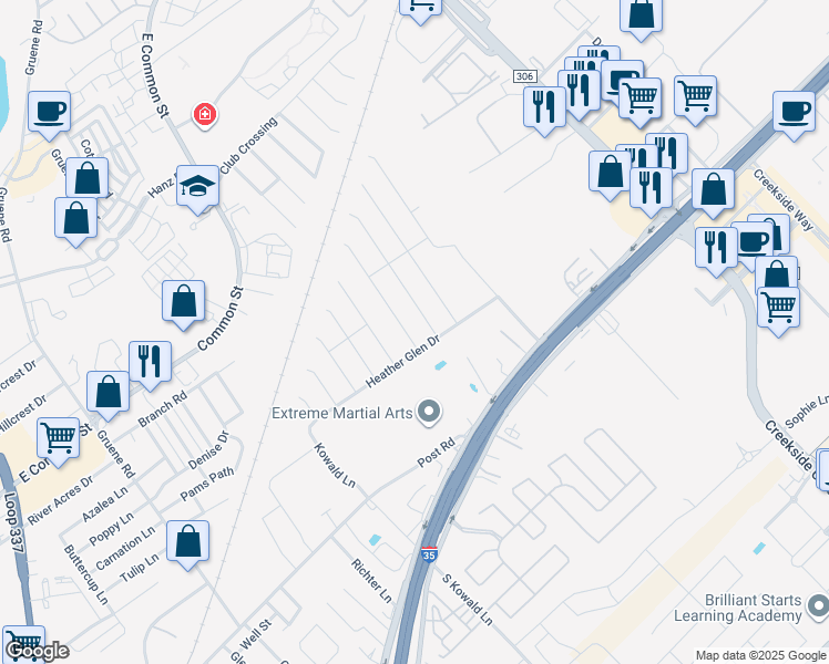 map of restaurants, bars, coffee shops, grocery stores, and more near 421 Moonvine Way in New Braunfels