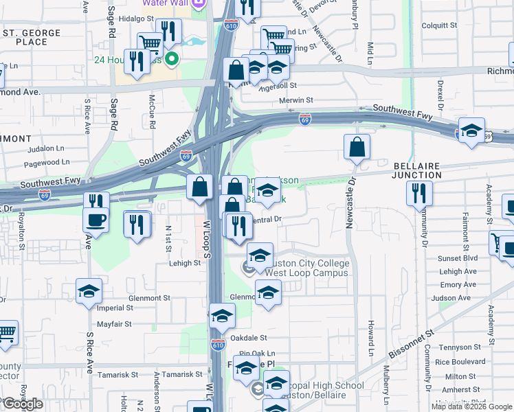 map of restaurants, bars, coffee shops, grocery stores, and more near 4888 Loop Central Drive in Houston