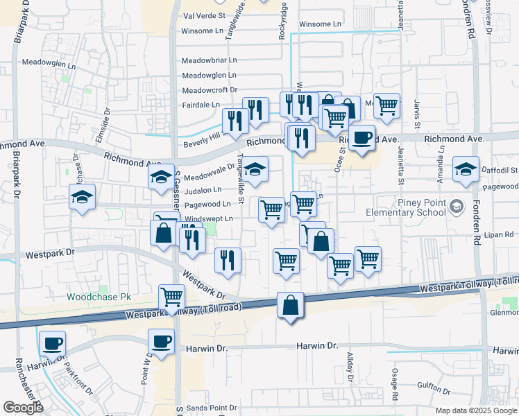 map of restaurants, bars, coffee shops, grocery stores, and more near 9522 Pagewood Lane in Houston