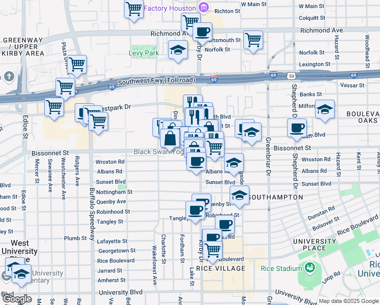 map of restaurants, bars, coffee shops, grocery stores, and more near 2617 Bissonnet Street in Houston