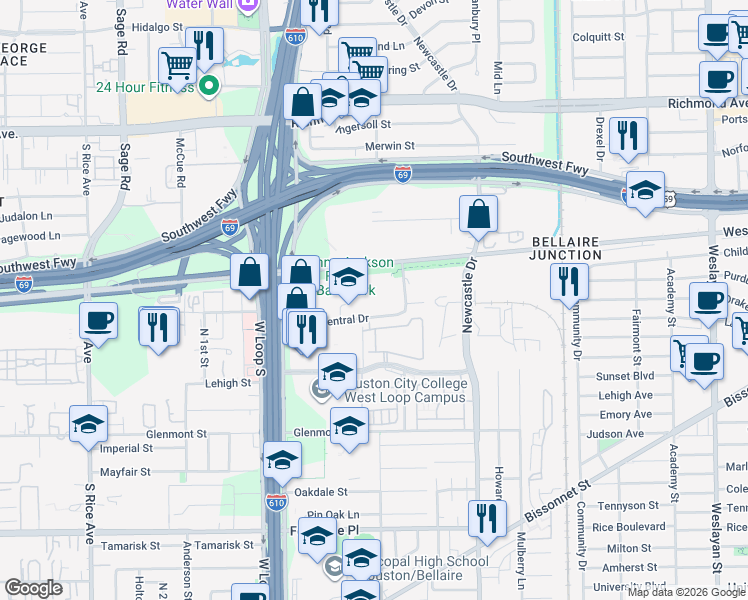 map of restaurants, bars, coffee shops, grocery stores, and more near 4848 Loop Central Drive in Houston