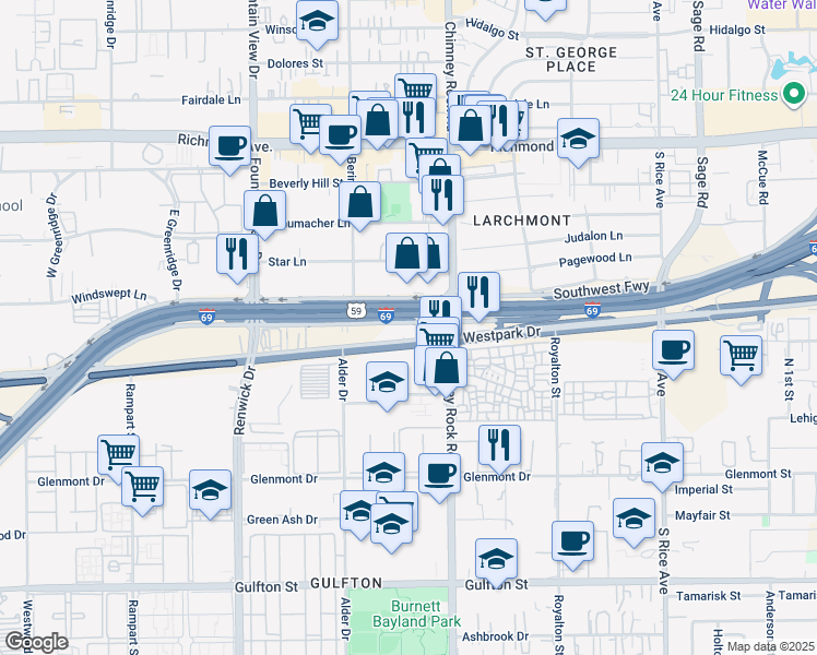 map of restaurants, bars, coffee shops, grocery stores, and more near 5625 Southwest Freeway in Houston