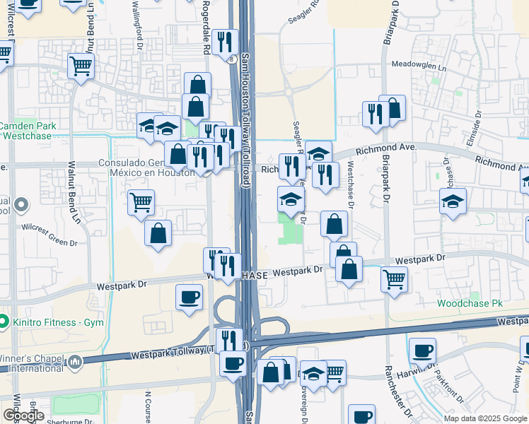 map of restaurants, bars, coffee shops, grocery stores, and more near 3505 West Sam Houston Parkway South in Houston