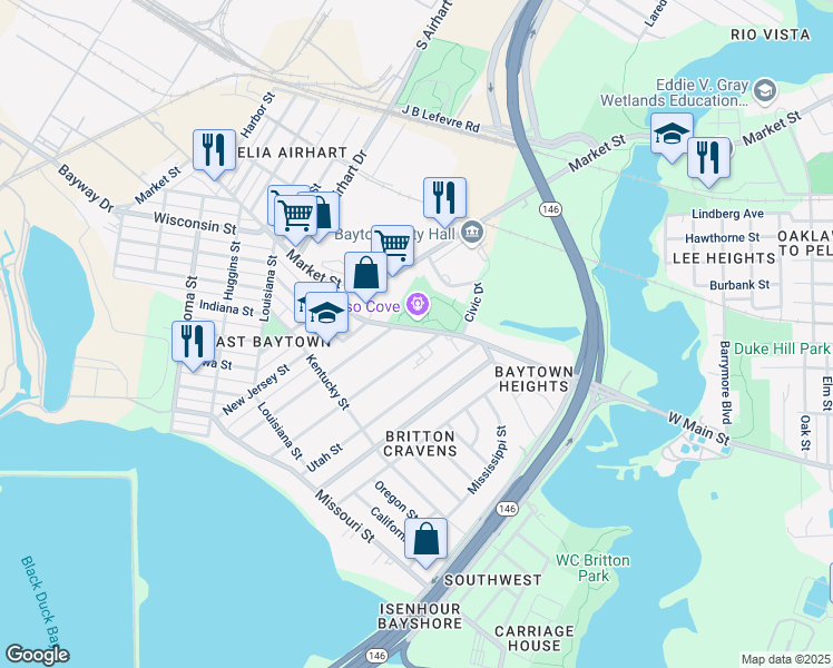 map of restaurants, bars, coffee shops, grocery stores, and more near 2419 West Main Street in Baytown