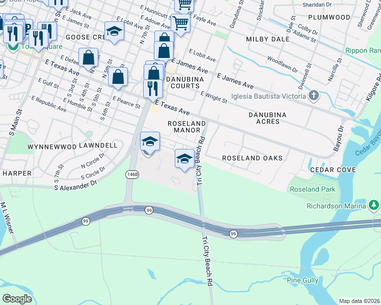 map of restaurants, bars, coffee shops, grocery stores, and more near 211 Woodside Drive in Baytown
