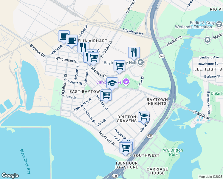 map of restaurants, bars, coffee shops, grocery stores, and more near 2600 Virginia Street in Baytown