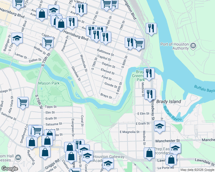 map of restaurants, bars, coffee shops, grocery stores, and more near 7935 Goode Street in Houston