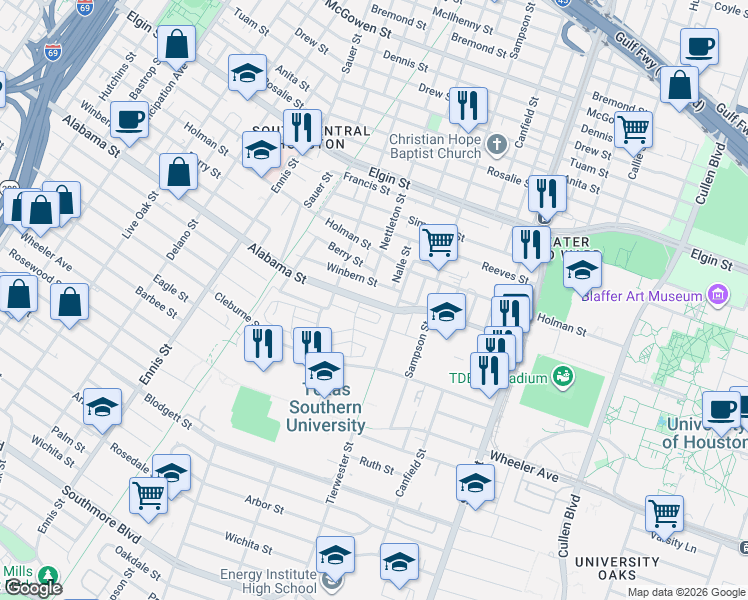 map of restaurants, bars, coffee shops, grocery stores, and more near 119 Winbern Street in Houston