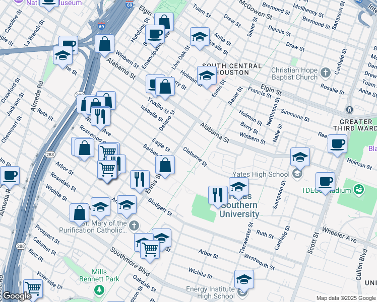 map of restaurants, bars, coffee shops, grocery stores, and more near 3000 Cleburne Street in Houston