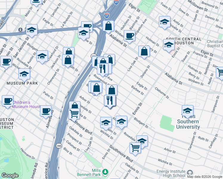 map of restaurants, bars, coffee shops, grocery stores, and more near 2513 Rosewood Street in Houston