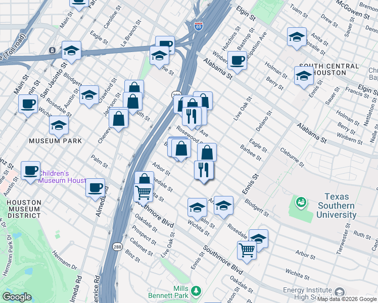 map of restaurants, bars, coffee shops, grocery stores, and more near 2409 Ruth Street in Houston
