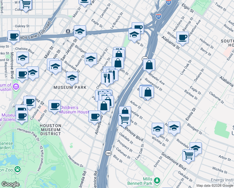 map of restaurants, bars, coffee shops, grocery stores, and more near 2015 Arbor Street in Houston