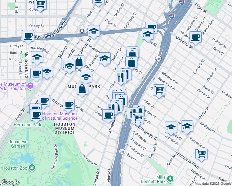 map of restaurants, bars, coffee shops, grocery stores, and more near 1811b Wichita Street in Houston