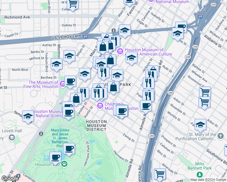 map of restaurants, bars, coffee shops, grocery stores, and more near in Houston