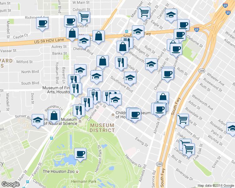 map of restaurants, bars, coffee shops, grocery stores, and more near 1327 Prospect Street in Houston