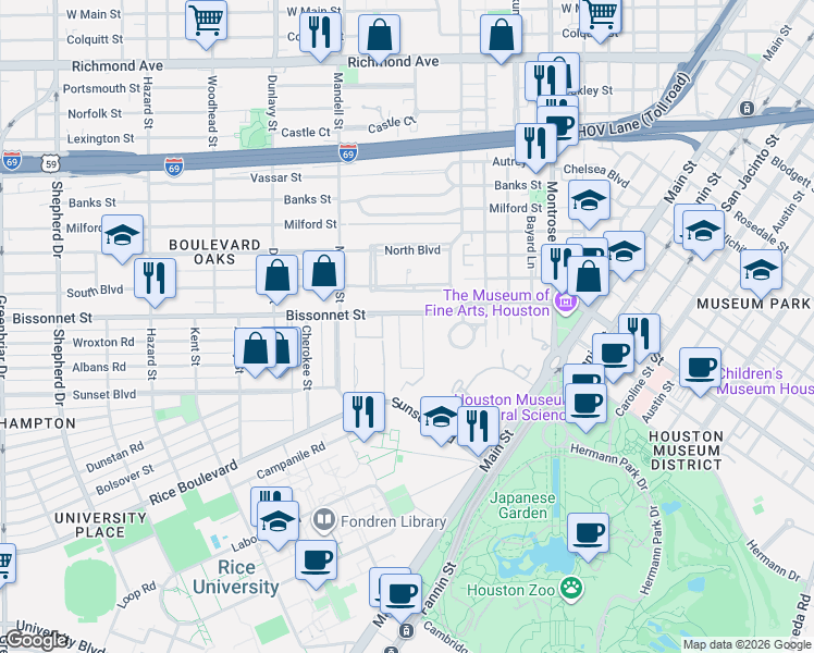 map of restaurants, bars, coffee shops, grocery stores, and more near 5301 Institute Lane in Houston