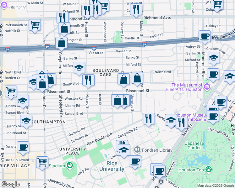 map of restaurants, bars, coffee shops, grocery stores, and more near in Houston