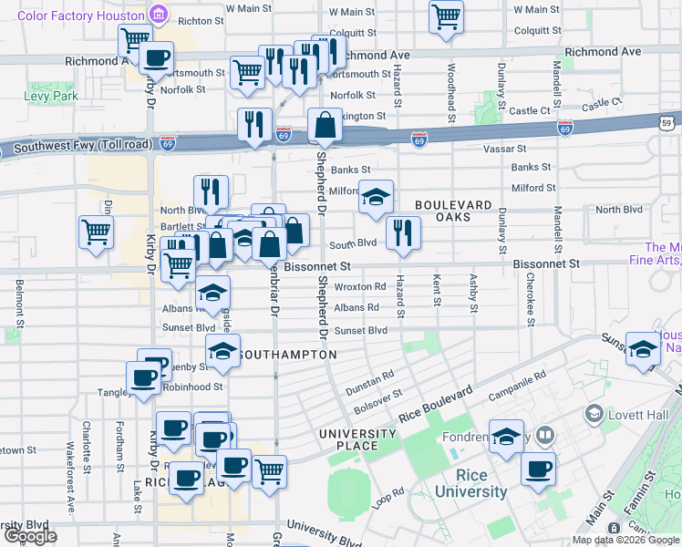 map of restaurants, bars, coffee shops, grocery stores, and more near 2107 Bissonnet Street in Houston