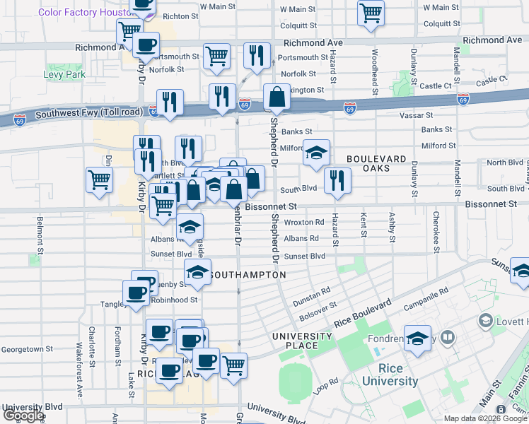map of restaurants, bars, coffee shops, grocery stores, and more near in Houston