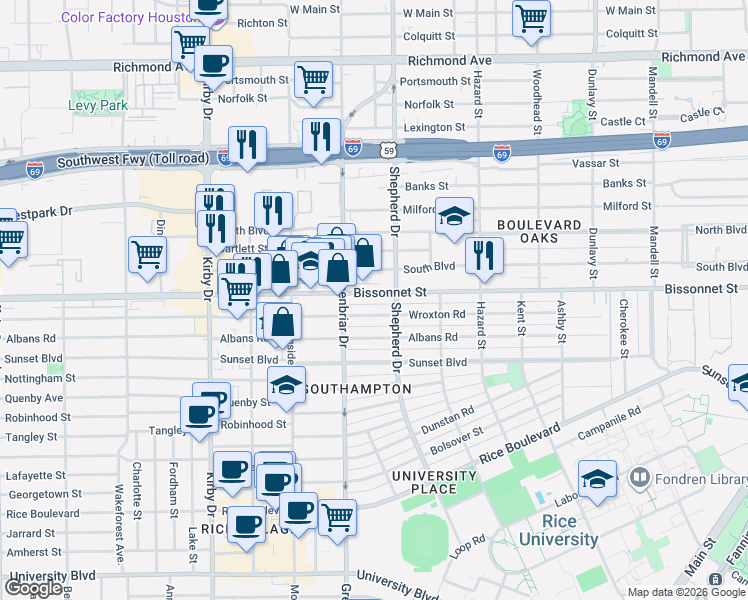 map of restaurants, bars, coffee shops, grocery stores, and more near 2236 Bissonnet Street in Houston