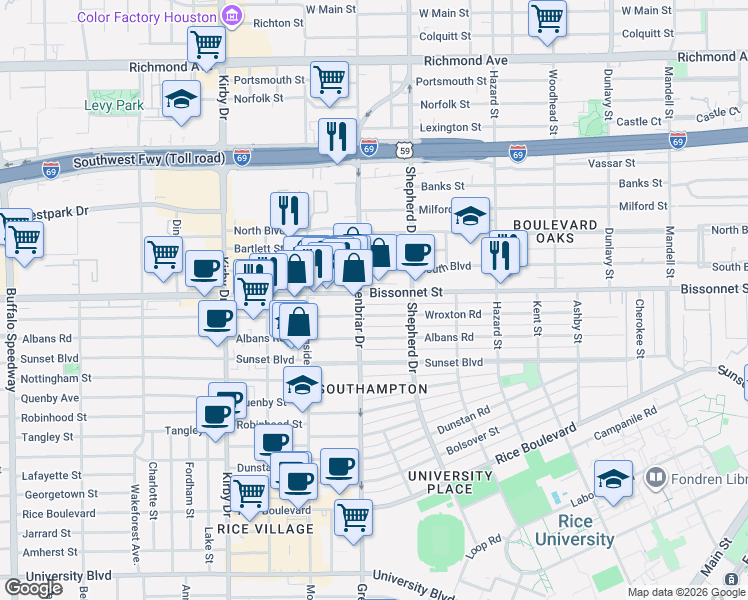 map of restaurants, bars, coffee shops, grocery stores, and more near 2236 Bissonnet Street in Houston