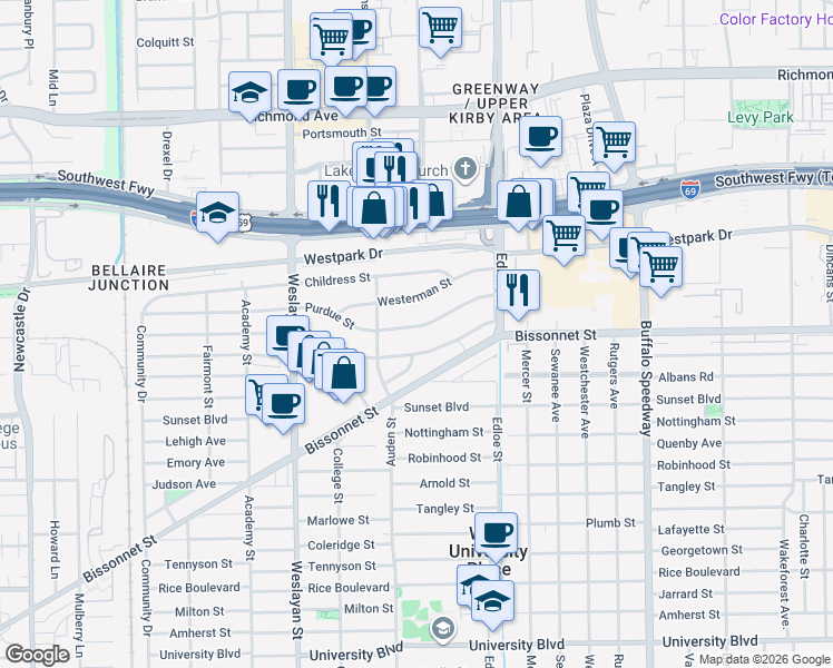 map of restaurants, bars, coffee shops, grocery stores, and more near 3751 Purdue Street in Houston
