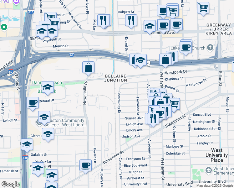 map of restaurants, bars, coffee shops, grocery stores, and more near 4286 Childress Street in Houston