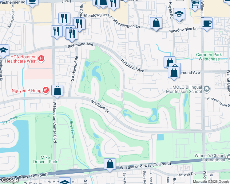 map of restaurants, bars, coffee shops, grocery stores, and more near 11714 Empress Oaks Court in Houston