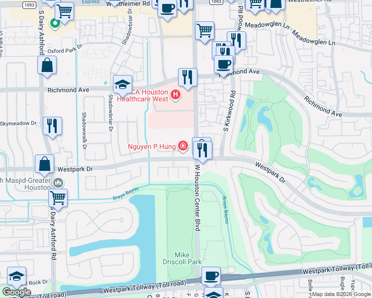 map of restaurants, bars, coffee shops, grocery stores, and more near 3414 Shadow Side Court in Houston