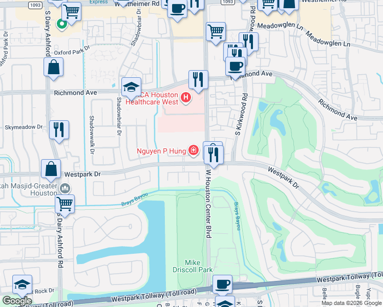 map of restaurants, bars, coffee shops, grocery stores, and more near 3414 Shadow Side Court in Houston
