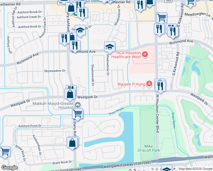 map of restaurants, bars, coffee shops, grocery stores, and more near 3410 Shadowbark Drive in Houston