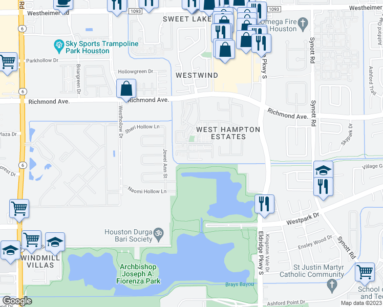 map of restaurants, bars, coffee shops, grocery stores, and more near 3233 Windchase Boulevard in Houston
