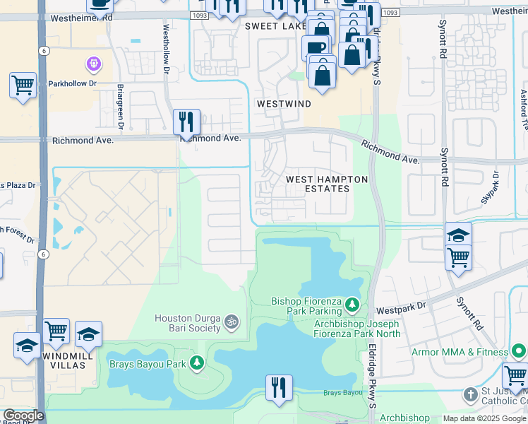map of restaurants, bars, coffee shops, grocery stores, and more near 3266 Windchase Boulevard in Houston